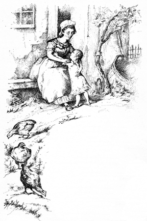 Illustration by L. Nehlig for a lullaby in the book “Children's songs and rounds”” at the end of the 19th century - a crying child is console by his mother in the yard of a farm or pecking hens.