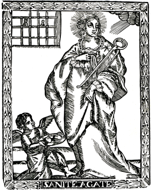 Sanite Agate; representation of Saint Agatha of Catania or Agatha of Sicily, virgin and Christian martyrdom, died 251, feast February 5, holding a pair of pincers, instrument of her torment. At her feet, an angelot kneels on her knees presents her two breasts cut off by the executioner in a dish. Grave wood of the 18th century -