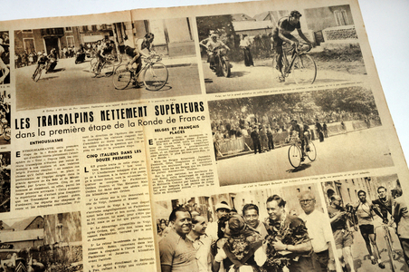 Extract from the special number of the sports magazine Mirror-Sprint (Mirror Sprint) dedicated to the cycling race of the Ronde de France in July 1946 - the first exciting stage Bordeaux-Pau dominated by the Transalpins (Italian riders) and won by Bertocchi - “”
