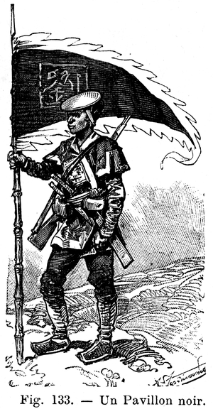 A black flag: Chinese bandit and pirate at Tonkin in 1873 - colony - colonialism - Illustration of the book by Emile Lavisse “Tu will soldier”, Armand Colin 1899 - History of a French soldier, stories and patriotic lecons of military education and instruction -