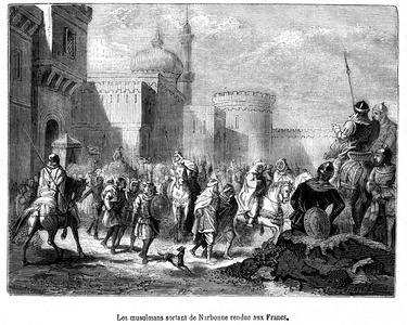 Muslims leaving Narbonne returned to the Franks. In 759, after seven years of blockade, the town of Narbonne, where the Arab forces had taken refuge after the submission of Gothia (Narbonnese province), was taken by the army of Pepin le Brief. Not rescued by the Muslims of Spain, the cities of Roussillon also surrendered. The Muslims were expelled from Gaul and the Franks dominated the Pyrenees, the Muslim governor of Catalonia recognized himself as a vassal of Pepin. Engraving and excerpt of the text of “L'Histoire de France populaire depuis les temps plus récules” by Henri Martin, late 19th century. Of note is the mosquee dome and the minaret overlooking the city walls.