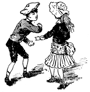 Illustration for the song “” Bonjour belle Rosine”” in the book “” Chansons et rounds enfantines”” Garnier 19th century.