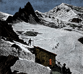 View of the Alps with snow-capped peaks and high mountain chalet, 1871 (engraving)