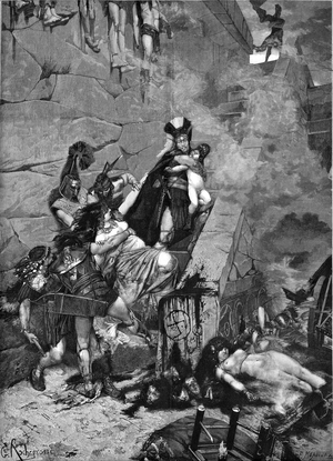 Andromaque: engraving (1883) by Meaulle after a painting by Georges Rochegrosse (1859-1938). In the hands of the Greek soldiers, Andromaque tries to hold his son Astyanax, taken away by a Thracian hoplite who will hand him over to Odysseus (Ulysses). The latter waits for Hector's son at the top of the stairs, to precipitate him from the top of the ramparts. At the beginning of the staircase, the Svastika (gammee cross), a symbol discovered shortly before by the archeologist Heinrich Schliemann (1822-1890) on the walls of the ancient city of Troy.