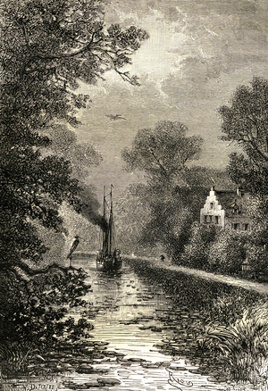 The Saint-Michel, the last ship of Jules Verne, sailing on the Eider River, Germany, between Rendsburg and Kiel, on June 17, 1881. The latter described this journey in a story entitled “From Rotterdam to Copenhagen” and illustrated by Riou. The present engraving is taken from this story, slips at the end of the novel La Jangada in the Hetzel editions.