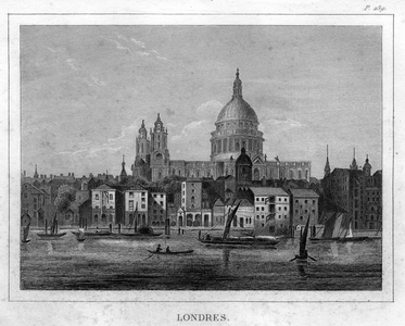 Great Britain in the middle of the 19th century: London, the Thames and the Cathedrale Saint Paul. Engraving from Antony Guichard's book “Arthur et Laure ou les petits voyageurs francais”, Pornin & cie edition, 1846.