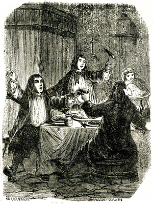 New Year's Eve dinner in the country. A guest takes a piece of sausage at the end of his fork while two others drink with their glasses of wine. Illustration of one of the Bourguignon Noels by Bernard de la Monnoye, edition Fertiault 1866. @Gusman/Leemage