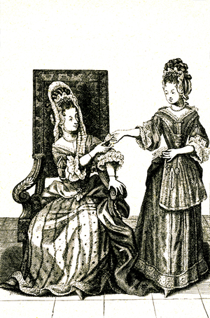 Hygiene, toilet in the 17th century: quality lady (noble, bourgeois, bourgeois nobility) on the chair pierced in the company of her maid or a friend who gives her perfume paper or linen - intimacy - seventeenth (17th century) - court of King Louis 14 (Louis XIV) - engraving taken from the Picturesque Store -