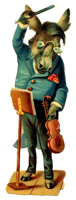 A musician has glasses (violinist and conductor). Chromolithography (chromo en decoupi) beginning 20th century.