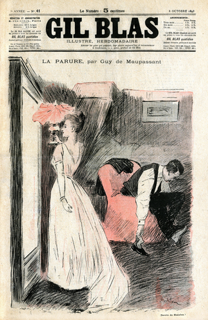 Illustration by Steinlen of Guy de Maupassant's short story “” The Parure””. Madame Loisel looks at herself in the mirror while her husband takes off her shoes. She finds that she lost the necklace (diamond river) lent her to her by her friend Madame Forestier. Cover of Gil Blas n°41, October 8, 1893.