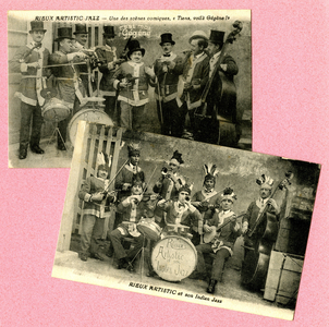 Rural Animation Orchestra at the beginning of the 20th century. The Rieux Artistic de Rieux-Minervois (Rieux Minervois) (Aude) performs at local parties in the surrounding villages, and adopts various musical styles and costumes depending on the circumstances. These genres, comical, exotic or dancing, are immortalized by postcards where the members of the group pose with their instruments, under the name of Artistic Jazz or Indian Jazz.
