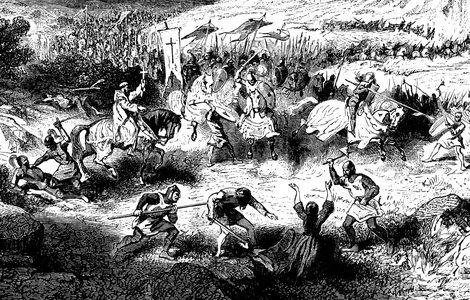 The Crusade against the Albigeois (Cathars). Siege and capture of Beziers by the Armee of the Croises of Simon de Montfort, 1209. During this massacre, 7,000 inhabitants will be killed, under the principle “kill all, God will recognize his own.” Engraving of the Popular History of France by CH. Lahure, 1862 (detail).