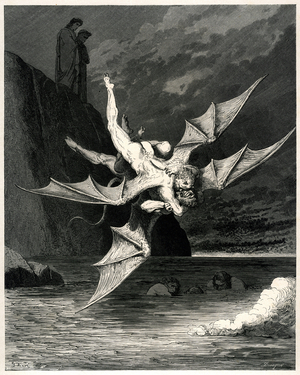 L'Hell (La divina commedia) by Dante Alighieri illustrated by Gustave Dore. Edition Hachette 1861. French translation by Pier-Angelo Fiorentino. My L'Altro Fu Bene Sparvier Grifagno - Ad Artigliar Ben Him... (but the other grabbed him with his greenhouses like a hawk) - Twenty-second song (Song 22 - XXII) - (ca. 139 & 140).