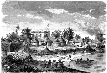 French colonies: Senegal - expedition to Saloum, barking troops at the post of Kaolack, 1865 (engraving)