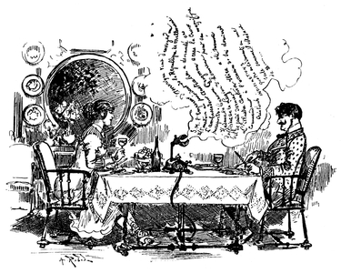 drawing by Albert Robida (1848-1926) in his book “” Le vingtieme Siecle (20th century)””, edition Georges Decaux 1883: arrival of the telephonic newspaper at the subscriber's home - premonition (anticipation) of the journal parle (radio) listening with family at the time of the meal -