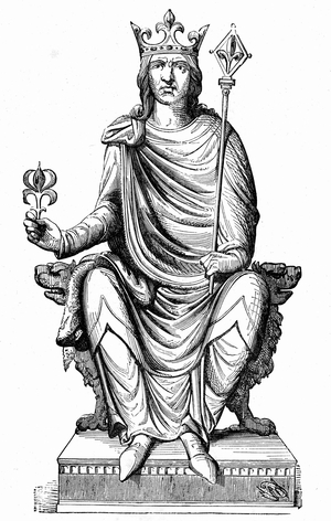 Portrait of Philip II (Philip-Augustus, 1165-1223) King Capetian of France from 1180 to 1223, the first to officially give himself the title of King of France. Engraving of a book on the Crusades, editions Alfred Mame & Fils 1892.