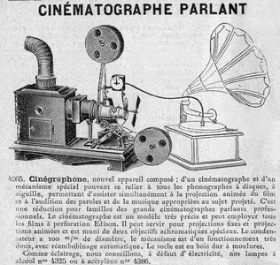 Speaking cinematograph apparatus (with phonograph) aka Cinégraphone (engraving)