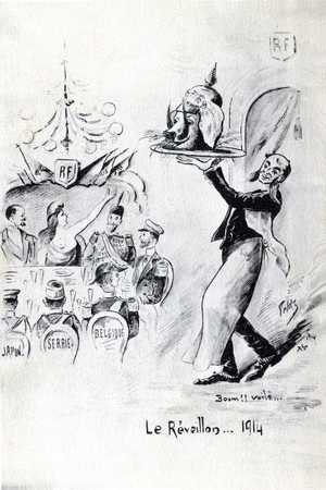 First World War 1914-1918 (14-18) - The New Year's Eve of 1914: Cartoon by the German Emperor William II (1859-1941) - In front of the Marianne of France with her allies, a waiter brings the head of the Kaiser, a head of a wild boar or pig wearing the famous mustaches and wearing a helmet at - Postcard by that -