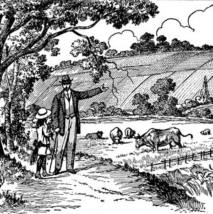 A father shows his daughter (daughter) cows grazing at the pre. Illustration by Louis Maitrejean (1895-1947) for a school book 1931.