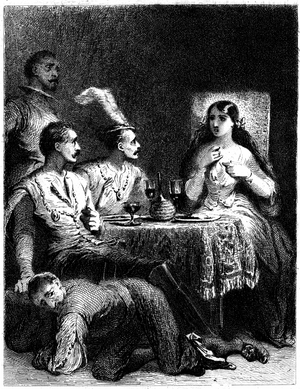 A young woman and three men standing in front of glasses of wine. One of the men, perhaps drunk, is on all fours under the table - etching (etching) by Tony Johannot (Antoine Johannot, dit, 1803-1853) illustrating one of Charles Nodier's Tales: La combe de l'homme mort - edition Lecou et Hetzel 1846