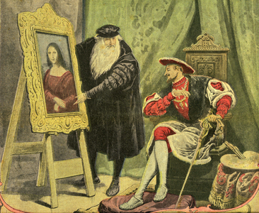 Leonard de Vinci presents his painting La Mona Lisa (Mona Lisa, Monna Lisa) to Francois 1er who bought it 4000 gold guilders (15 kilos of gold) in 1517. Engraving on the cover of the illustrated supplement of the Petiure Journal n° 1206, 28/12/1913.