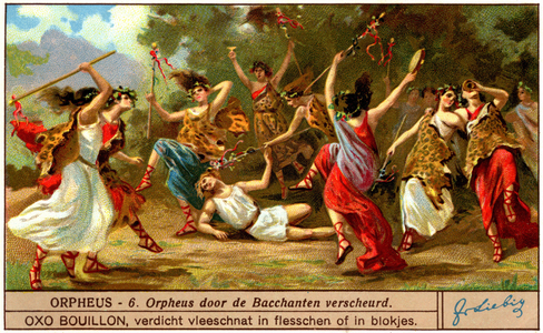 Mythology Ancient Greece: Orphee (Orpheus) kills by the Bacchantes. Advertising chromolithography (chromo - claim) of Liebig meat extract, early 20th century.