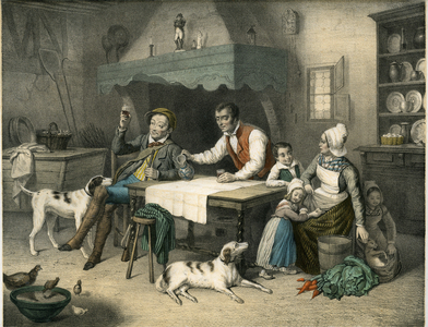 The poacher in embarrassment: lithography by Jaccott, mid-19th century, based on the painting by Duval and Camus, Galerie Omnibus, Editions Eugene Jouy (Paris), Lemercier & Cie. Peasant scene: a hunter, probably the master of the estate, with his rifle and his two dogs, stops to drink a drink with a family in the countryside. The woman, surrounded by children, hides in a bag a rabbit (or hare) brought back by her husband the poacher. There is a figurine of Napoleon on the fireplace and accessories for making bread. (