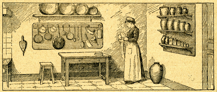 Woman wiping dishes in her tidy kitchen at the beginning of the 20th century. Engraving of a school book 1919