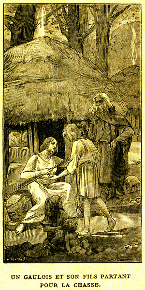 Illustration of “” L'Histoire de France “” Elementaire d'Ernest Lavisse, Librairie Armand Colin 1928 - Gaulois and his son leaving for hunting. Hut has thatched roof children and old hunter.