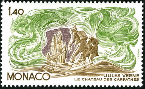 stamp issued on 2/5/1978 in Monaco, in tribute to the writer Jules Verne and his “Extraordinary Voyages”. Evocation of the novel “The Castle of the Carpathians”” and its fantastic universe: dragon and feeric apparition.
