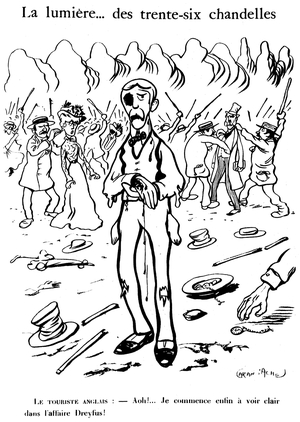 The Dreyfus affair: Caran d'Ache (Emmanuel Poire 1859-1909) showing a group of people fighting - An English tourist who has just received a punch in the eye declares: “” Aow! I'm finally beginning to see clear in the Dreyfus case! “” - The light... of the thirty-six candles - Dispute - political - division - antisemitism -