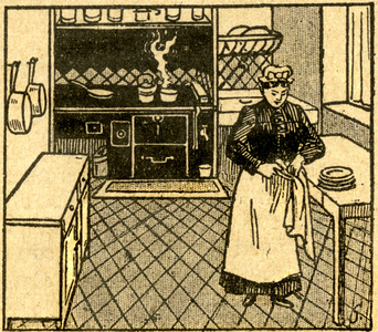 Menagere wiping dishes in his kitchen while the meal cooked on the stove at the beginning of the 20th century. Engraving of a school book 1919