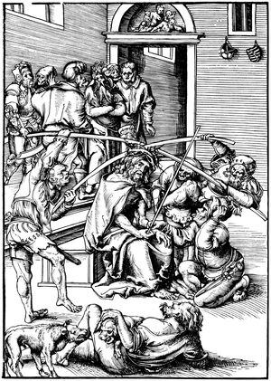 Coronation of thorns of Christ, wood engraving by Lucas Cranach the groin (1472-1553) from the continuation of the Passion (circa 1509)