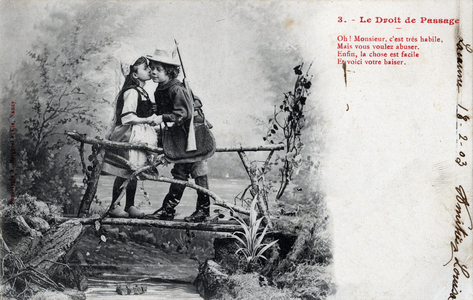 Couple of young lovers during a hunting game. Postcard (1903) is part of a series published by the Maison Bergeret, specialised in views of children in adult postures and situations. The young hunter, on a bridge, asks his girlfriend for a kiss.