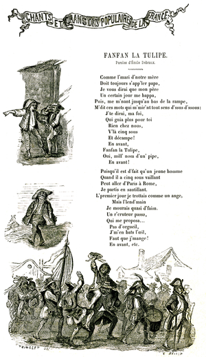 Song "Fanfan la Tulip": lyrics and music with illustration - Page of the book "Chants et chansons populaires de France", 1858