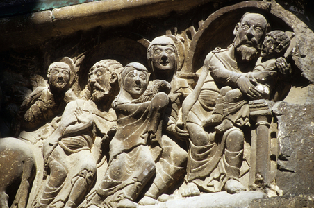 The Presentation at the Temple: Child Jesus presented by the old Simeon. Frieze (detail) of the 12th century. Porch of the Abbey of Saint Peter (Saint Peter). Moissac, Tarn and Garonne (82).