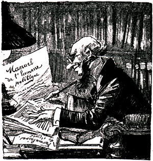 A light of political science: state official copying the manual of the politician - Drawing (caricature) by Albert Robida (1848-1926) in his book “” Le vingtieme century”” (20th century) edition Decaux 1884 - politician - elected -