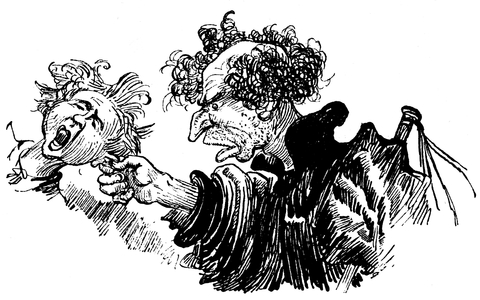 Pedagogue pulling the ear of his disciple who screams with pain - pulling the ears - corporal punishment - cruaut - teaching - master and pupil - severite - illustration by Robida for complete works by Francois Rabelais published by the Illustree Bookshop in 1885 -