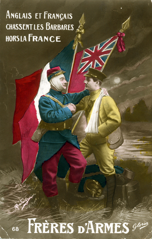 WWI postcard,  brother of arms French and English soldiers hugging (postcard)