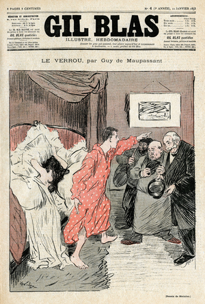 Illustration by Steinlen of Guy de Maupassant's short story “” The lock”””. Illegitime couple caught in full love ebats - Adultere, surprise. Cover of Gil Blas No. 4, January 22, 1893.