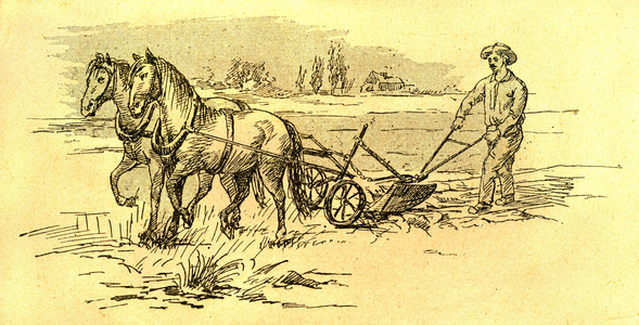 peasant plowing with his plow drawn by a coupling of 2 horses. Engraving by Strong for the book “Stay in the fields”” by L. Magnier, late 19th century.