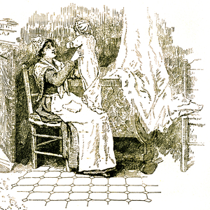 Lullaby “” I'm a little doll”””. Illustration of Le Natur in “” Chansons et rounds enfantines”” Garnier edition late 19th century. A young mother puts her child (baby) to bed in her crib by singing a song to her.