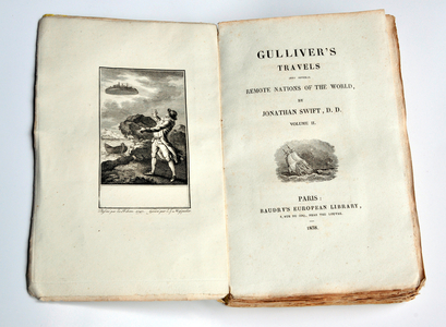 An 1838 edition of Jonathan Swift's Gulliver's Voyages - Gulliver's travels into several remote nations of the world - en frontispiece, engraving by Le Febvre (Lefebvre) 1797: Gulliver discovers the island of Laputa in the sky - old book - old book - paper -