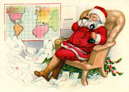 Pere Noel sitting in an armchair, telephone in hand, his abundant mail has his feet and a map on the wall, planning his tour around the world. Postcard beginning 20th century.