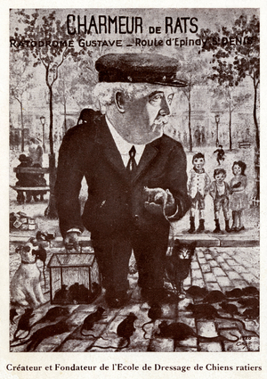 Gustave Xhrouet (1853-c.1940), rat hunter, creator and founder of the school of ratiers dogs, promoter in France, at the beginning of the twentieth century, of the ratodrome where rats and dogs fought. These arenes of animal fighting existed for about thirty years in Neuilly, Saint Denis, Aubervilliers. Travelling ratodromes circulated as a fair attraction in several cities (Breteuil).