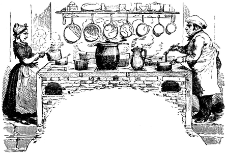 Cook and cook facing kitchen stoves - engraving by Bertall 19th century -