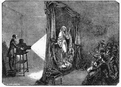 Magical lantern projection session at the end of the 18th century. The Fantascope produced by the Belgian aeronautical physicist Etienne-Gaspard Robert (known as Robertson 1763-1837) in 1784 showed images of spectra and ghosts. Engraving of the “” Magasin picturesque””, based on a print by Moreau, 1840.