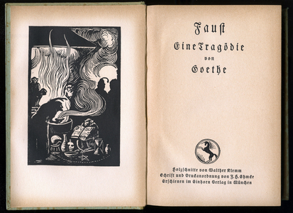 Faust, tragedie by Johann Wolfgang von Goethe: German edition in Gothic characters, with illustration by Walther Klemm (1883-1957), circa 1948.