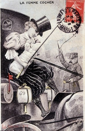 Anti-feminist cartoon depicting a female coach, 1907 (print).