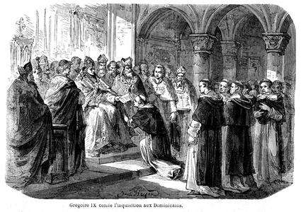 The Crusade against the Albigeois (Cathars). From 1233, Pope Gregoire IX entrusted the inquisition to the Dominicans. Engraving of the Popular History of France by CH. Lahure, 1862.